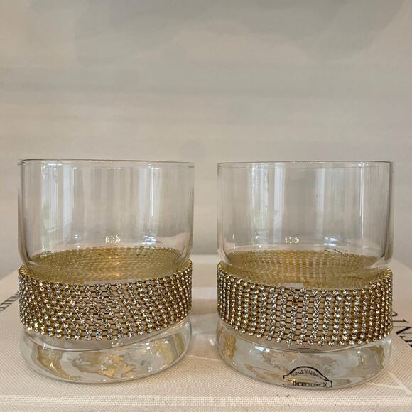 Old Fashioned Whiskey Glass w/ Gold Rhinestone Band Stemless Wine Set of 2 NEW - Picture 4 of 10